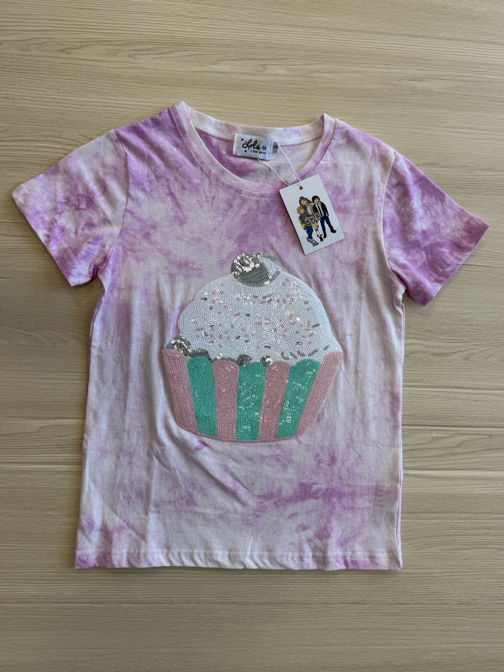Lola + The Boys Cupcake Tie Dye Tee | Sequin Cupcake Graphic | Size 8 | NWT